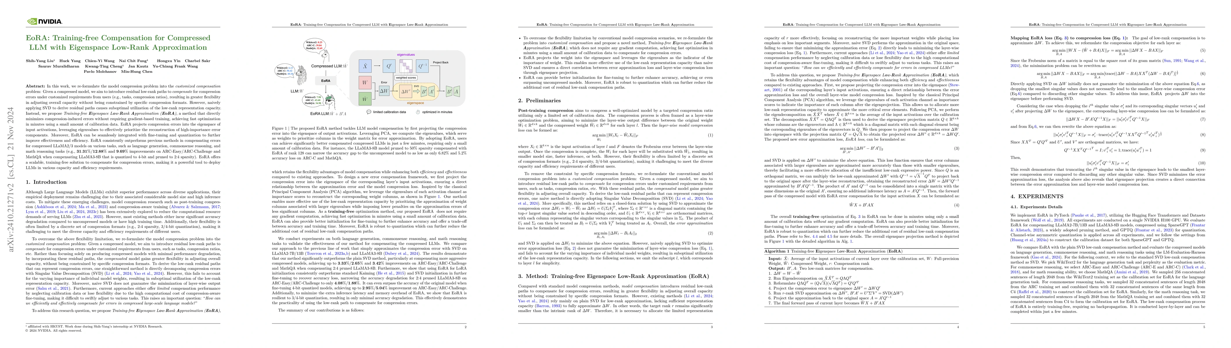Thumbnail for EoRA: Training-free Compensation for Compressed LLM with Eigenspace
  Low-Rank Approximation