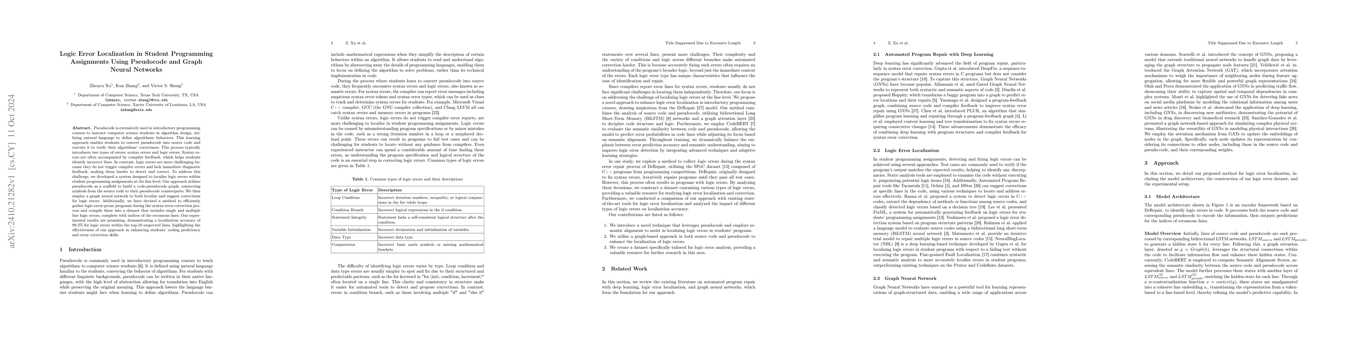 Thumbnail for Logic Error Localization in Student Programming Assignments Using
  Pseudocode and Graph Neural Networks