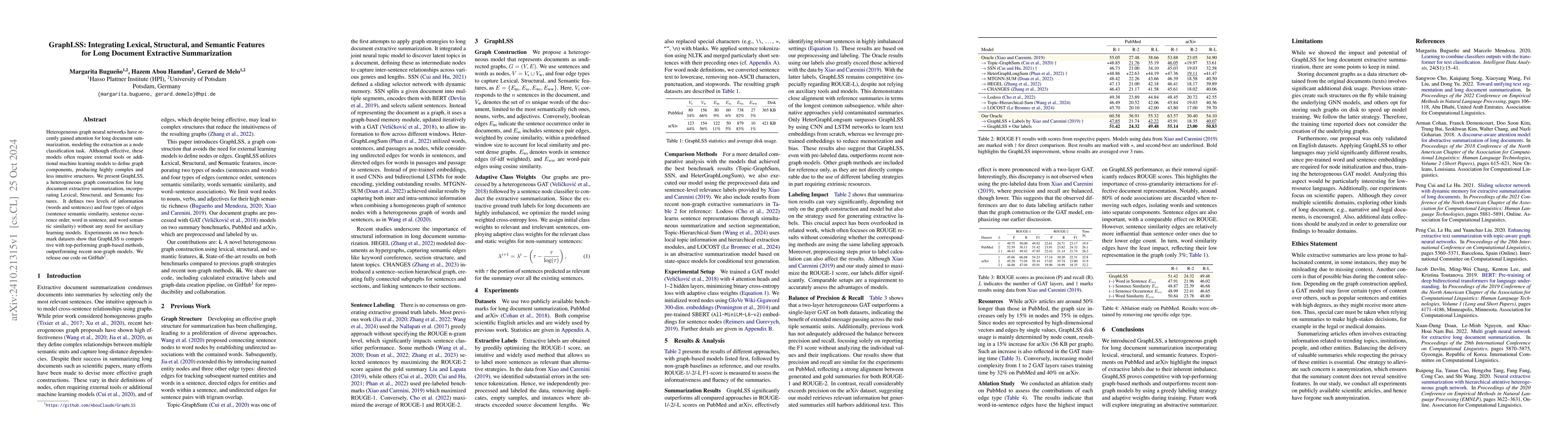 Thumbnail for GraphLSS: Integrating Lexical, Structural, and Semantic Features for
  Long Document Extractive Summarization