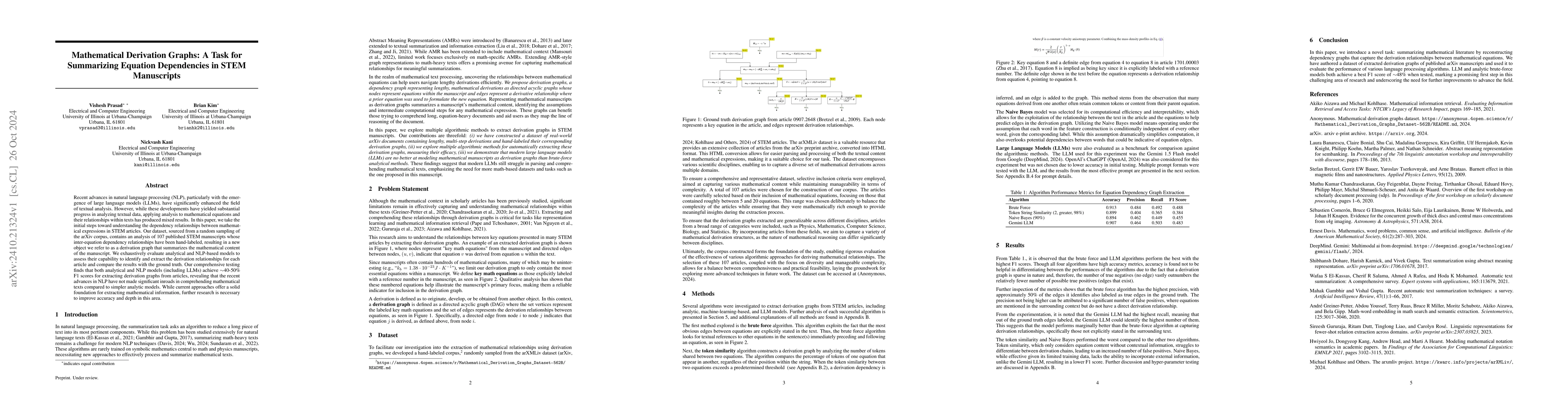 Thumbnail for Mathematical Derivation Graphs: A Task for Summarizing Equation
  Dependencies in STEM Manuscripts