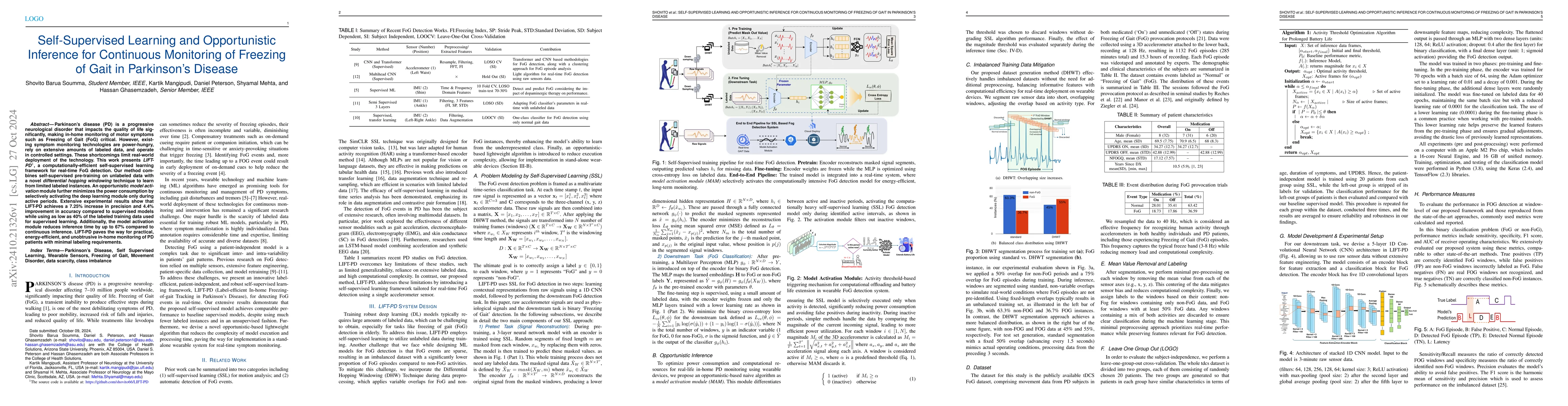 Thumbnail for Self-Supervised Learning and Opportunistic Inference for Continuous
  Monitoring of Freezing of Gait in Parkinson's Disease