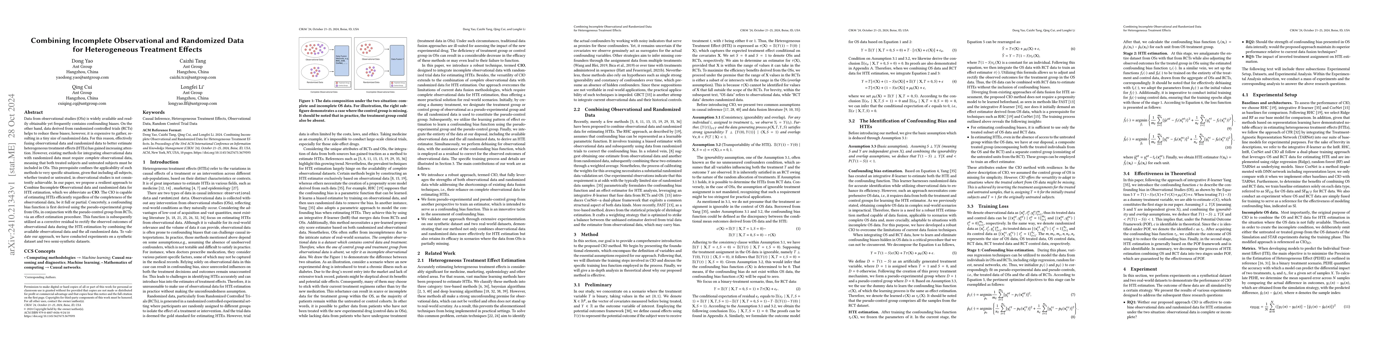 Thumbnail for Combining Incomplete Observational and Randomized Data for Heterogeneous
  Treatment Effects