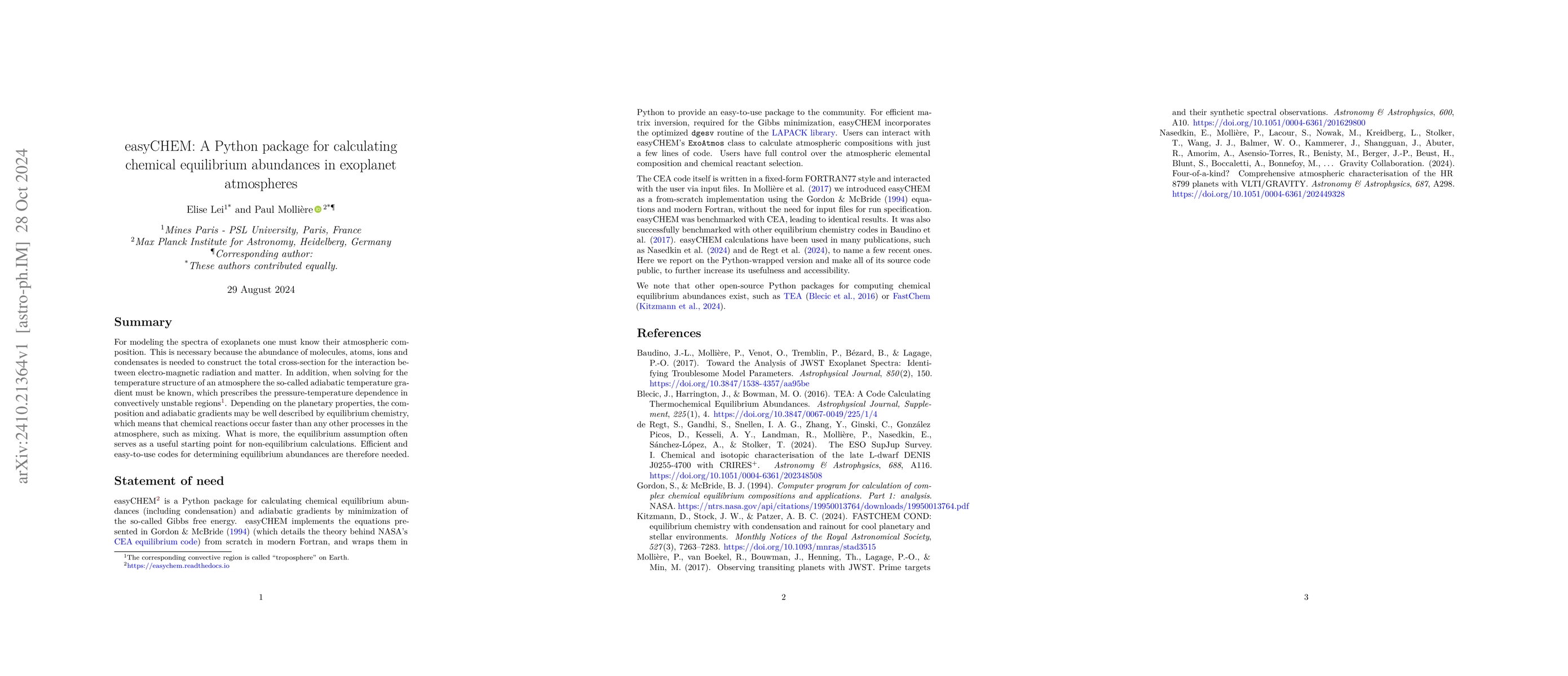 Thumbnail for easyCHEM: A Python package for calculating chemical equilibrium
  abundances in exoplanet atmospheres