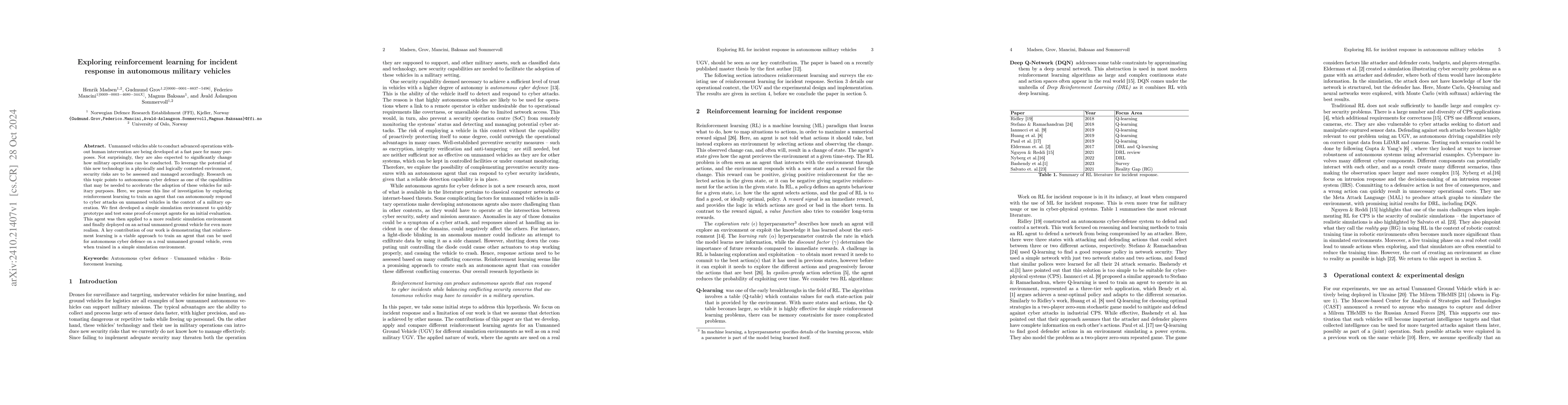 Thumbnail for Exploring reinforcement learning for incident response in autonomous
  military vehicles