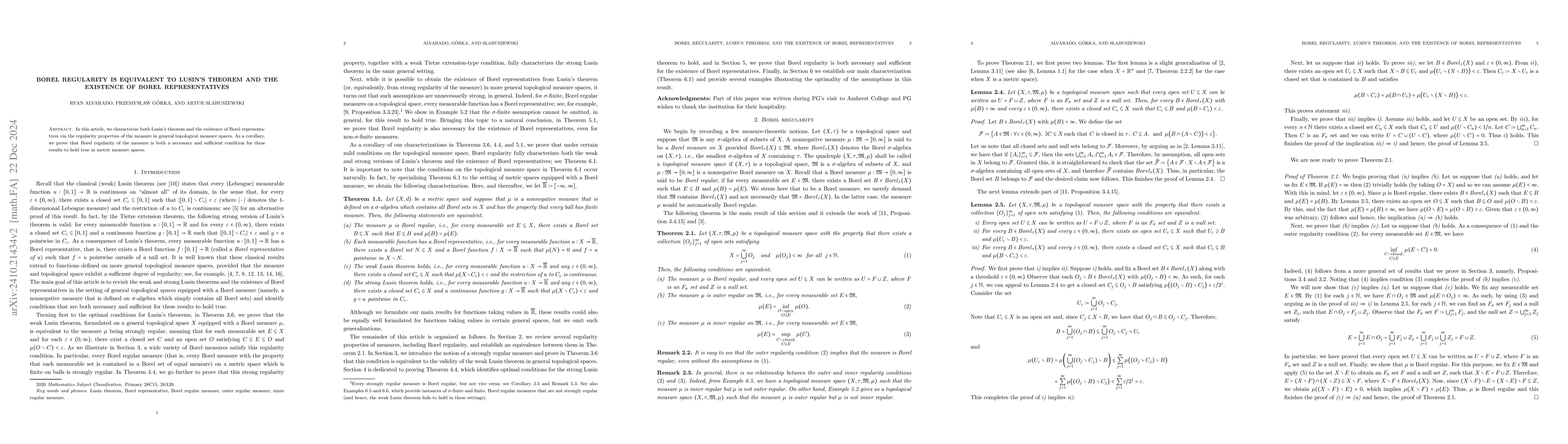 Thumbnail for Borel regularity is equivalent to Lusin's theorem and the existence of
  Borel representatives