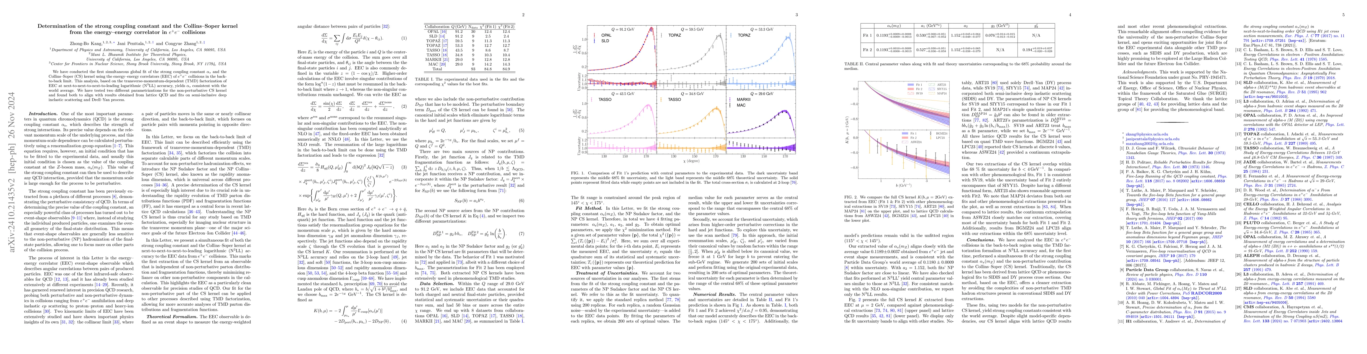 Thumbnail for Determination of the strong coupling constant and the Collins-Soper
  kernel from the energy-energy correlator in $e^+e^-$ collisions