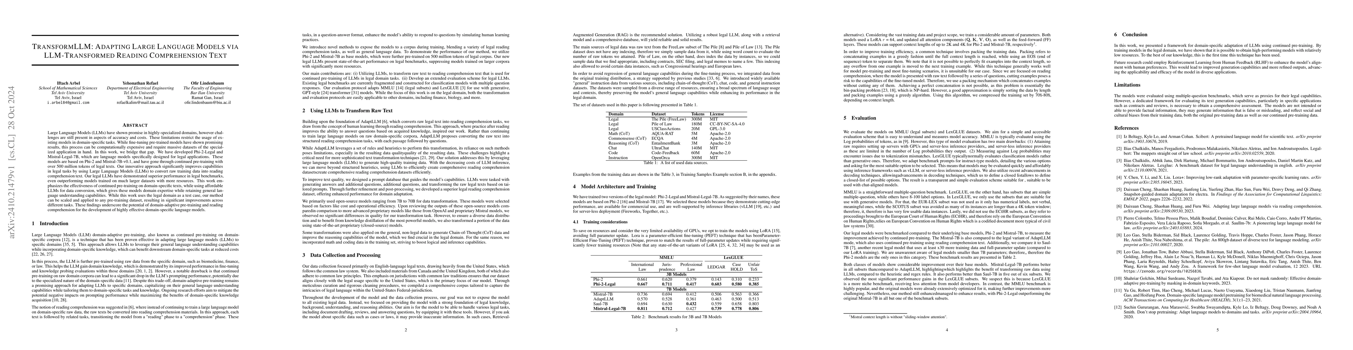 Thumbnail for TransformLLM: Adapting Large Language Models via LLM-Transformed Reading
  Comprehension Text
