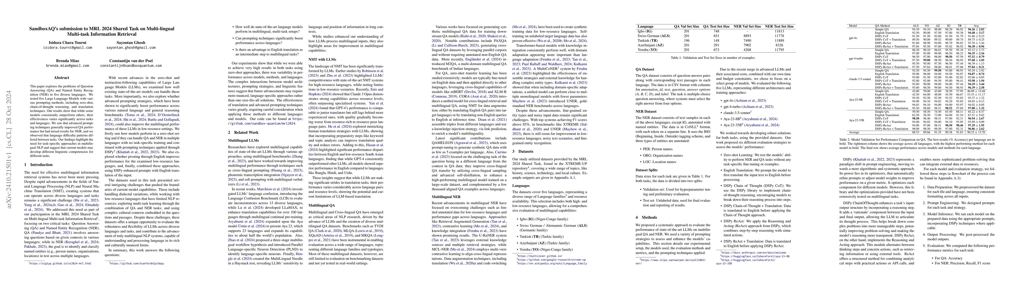 Thumbnail for SandboxAQ's submission to MRL 2024 Shared Task on Multi-lingual
  Multi-task Information Retrieval