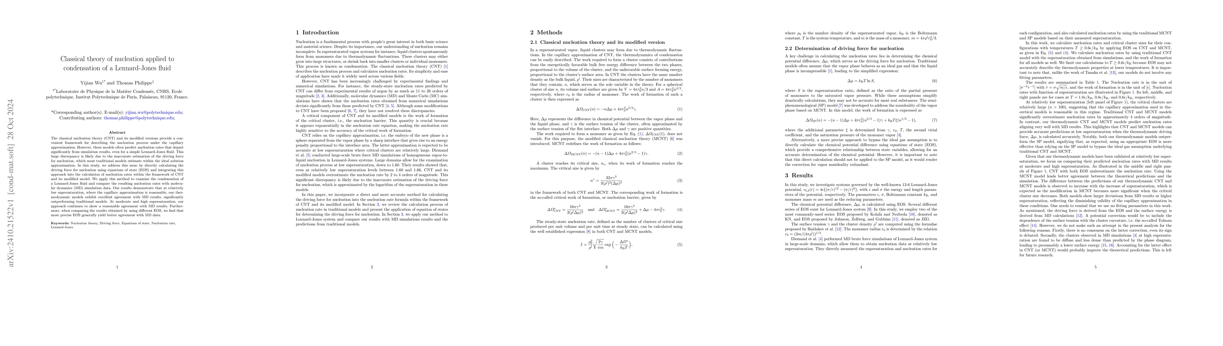 Thumbnail for Classical theory of nucleation applied to condensation of a
  Lennard-Jones fluid