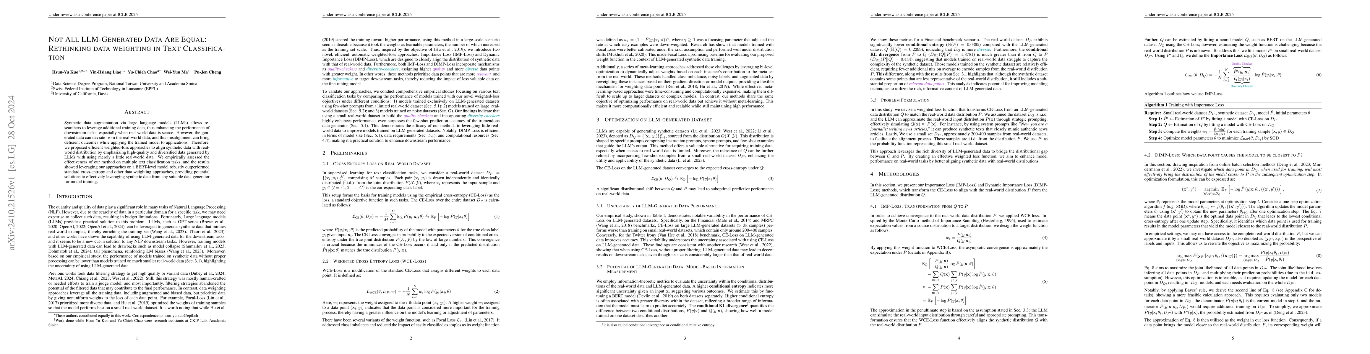 Thumbnail for Not All LLM-Generated Data Are Equal: Rethinking Data Weighting in Text
  Classification