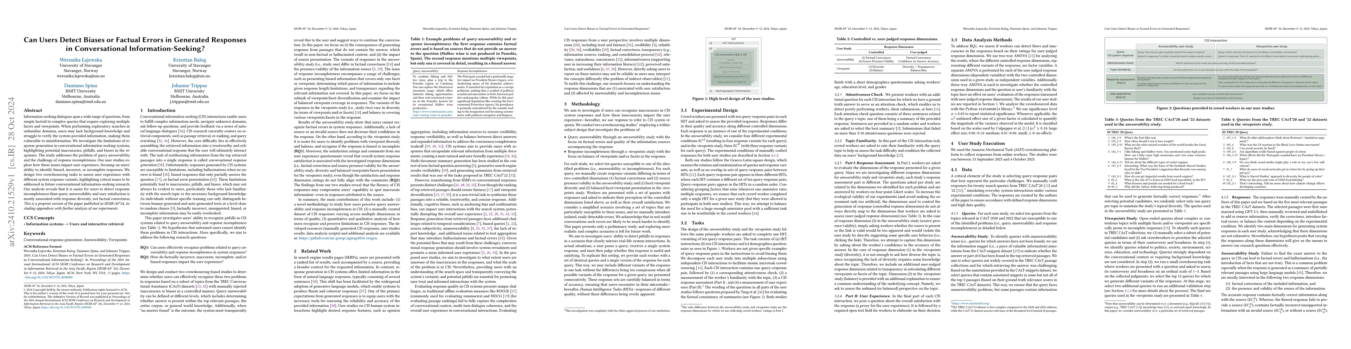 Thumbnail for Can Users Detect Biases or Factual Errors in Generated Responses in
  Conversational Information-Seeking?