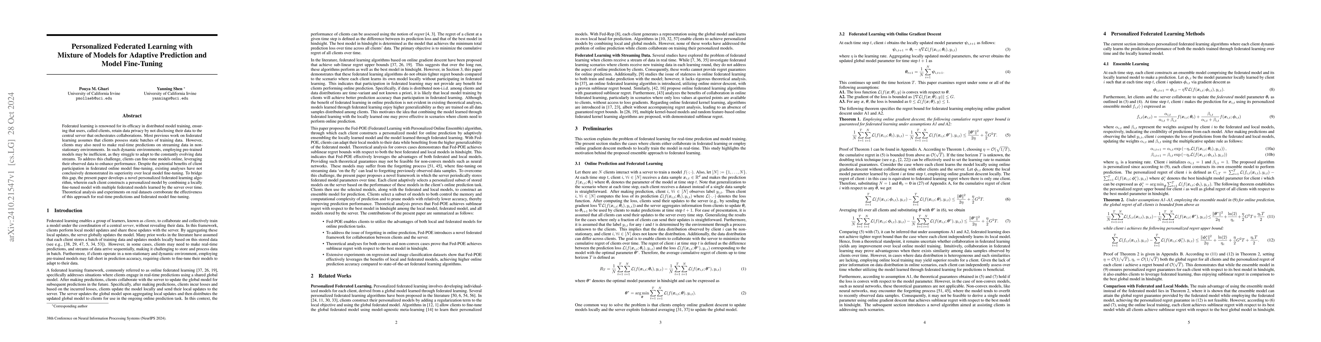 Thumbnail for Personalized Federated Learning with Mixture of Models for Adaptive
  Prediction and Model Fine-Tuning