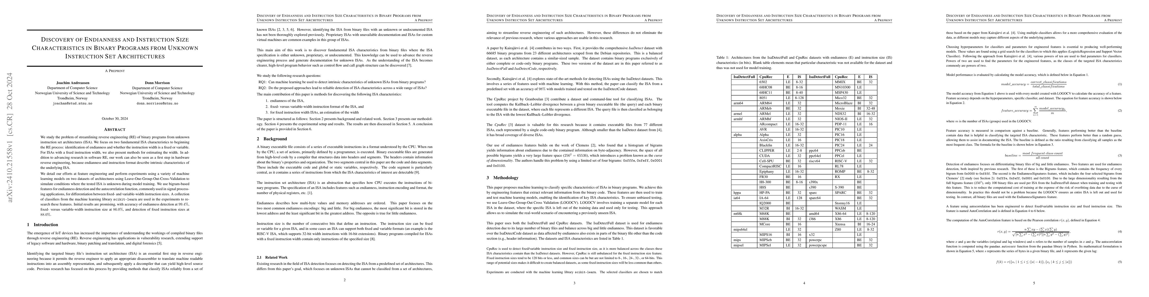 Thumbnail for Discovery of Endianness and Instruction Size Characteristics in Binary
  Programs from Unknown Instruction Set Architectures