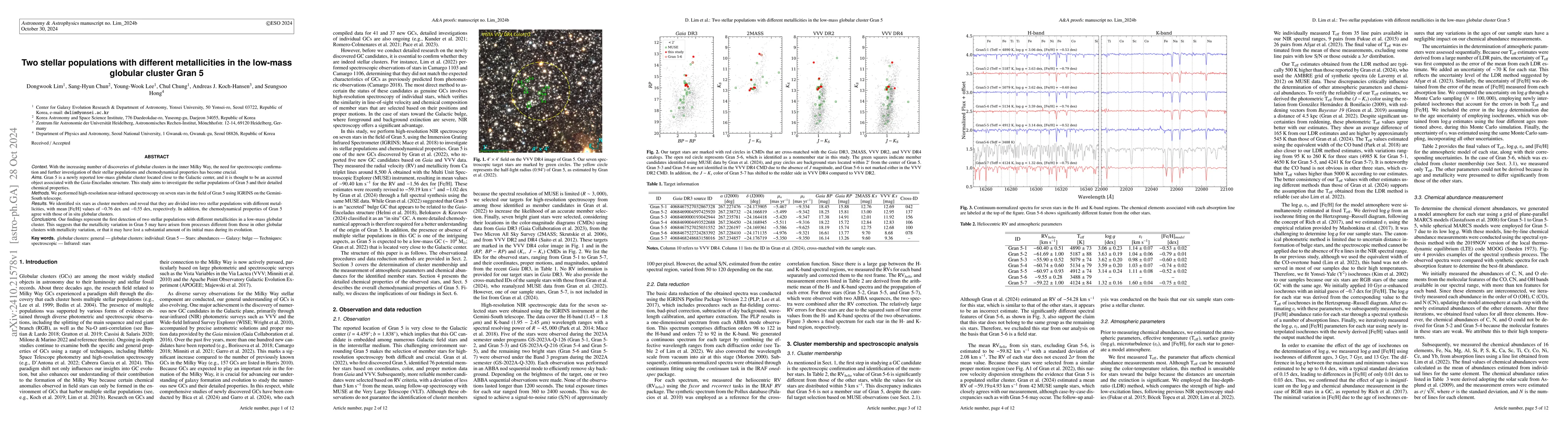 Thumbnail for Two stellar populations with different metallicities in the low-mass
  globular cluster Gran 5