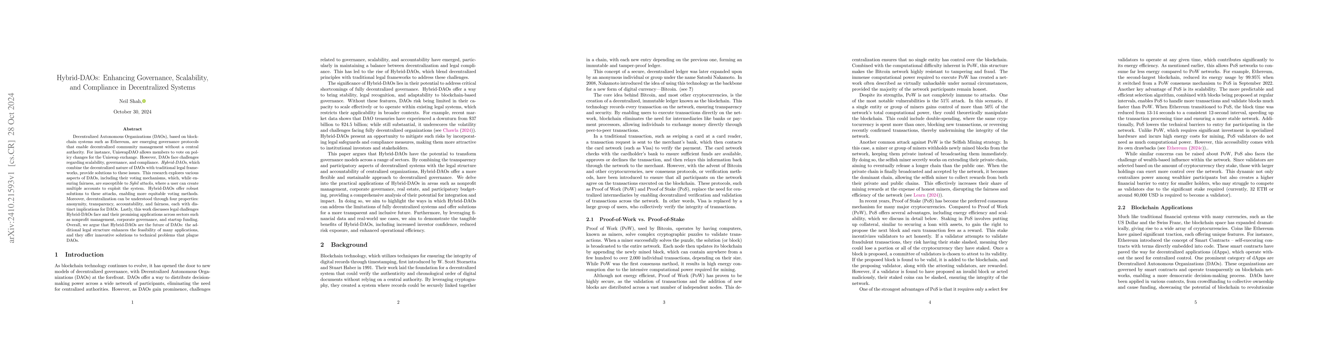 Thumbnail for Hybrid-DAOs: Enhancing Governance, Scalability, and Compliance in
  Decentralized Systems