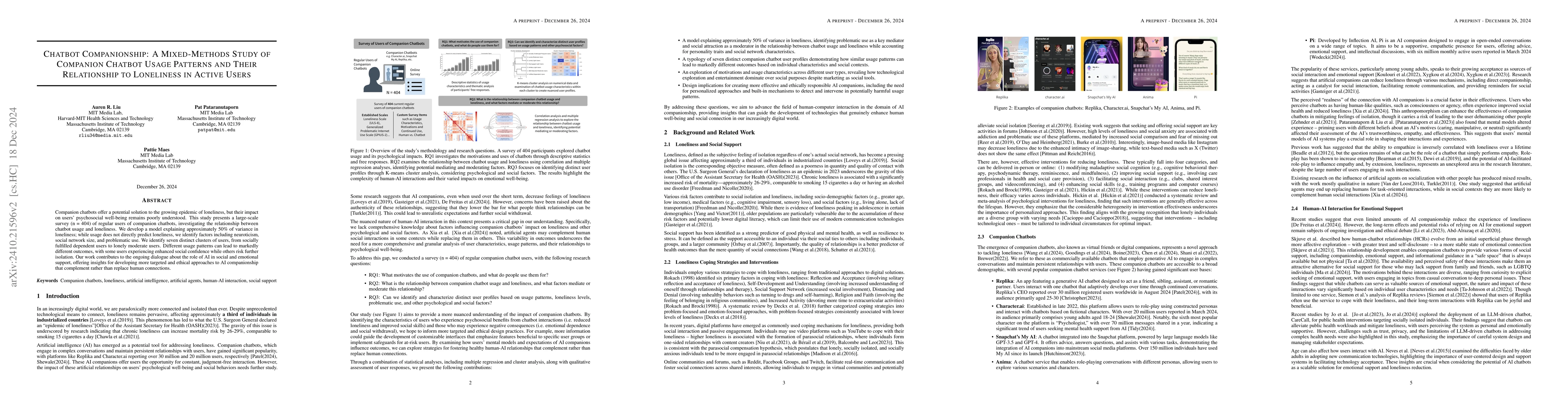 Thumbnail for Chatbot Companionship: A Mixed-Methods Study of Companion Chatbot Usage
  Patterns and Their Relationship to Loneliness in Active Users