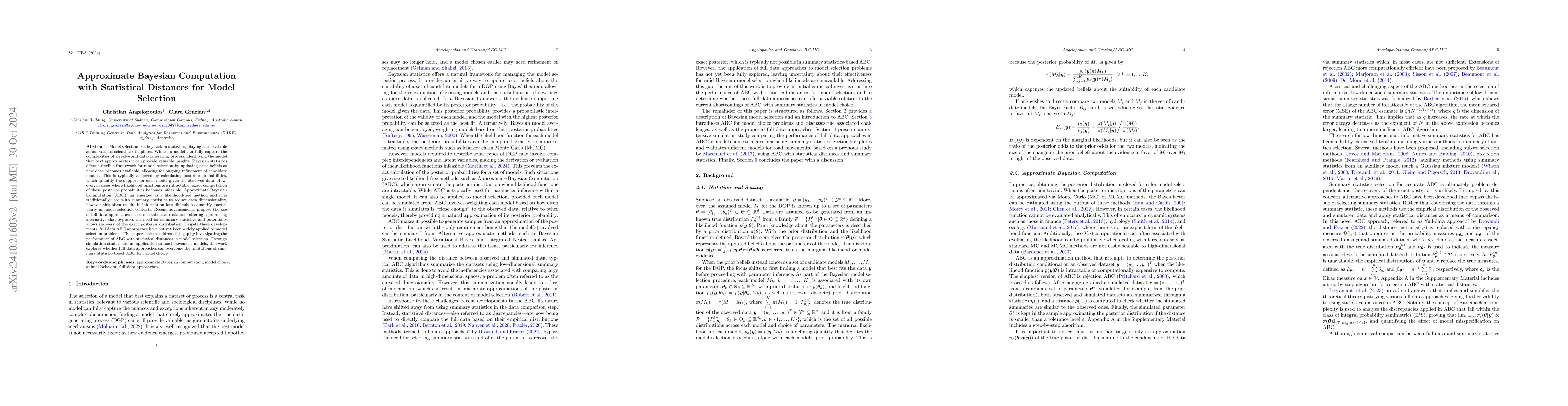 Thumbnail for Approximate Bayesian Computation with Statistical Distances for Model
  Selection