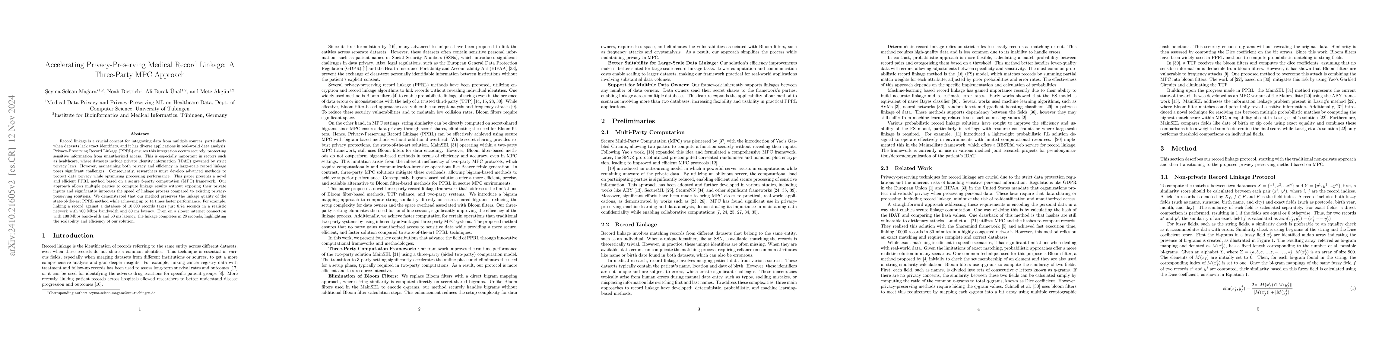 Thumbnail for Accelerating Privacy-Preserving Medical Record Linkage: A Three-Party
  MPC Approach