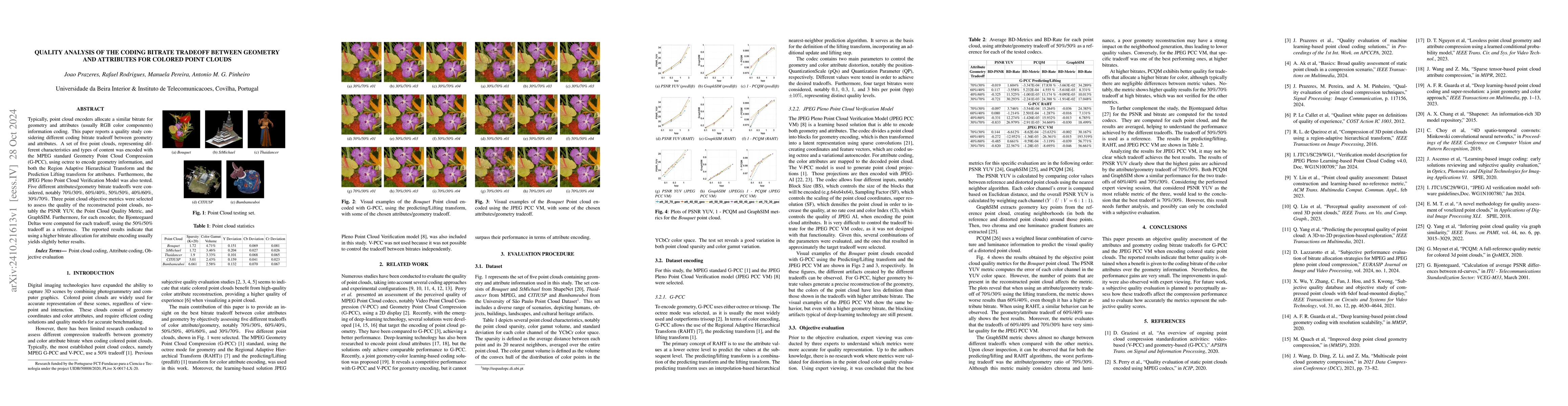Thumbnail for Quality Analysis of the Coding Bitrate Tradeoff Between Geometry and
  Attributes for Colored Point Clouds