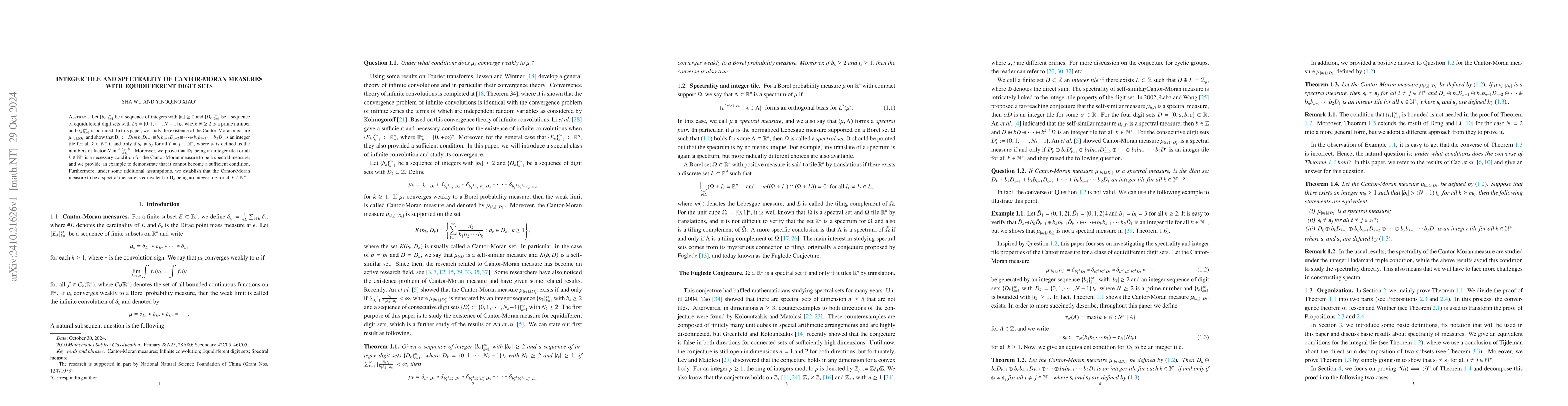 Thumbnail for Integer tile and Spectrality of Cantor-Moran measures with equidifferent
  digit sets