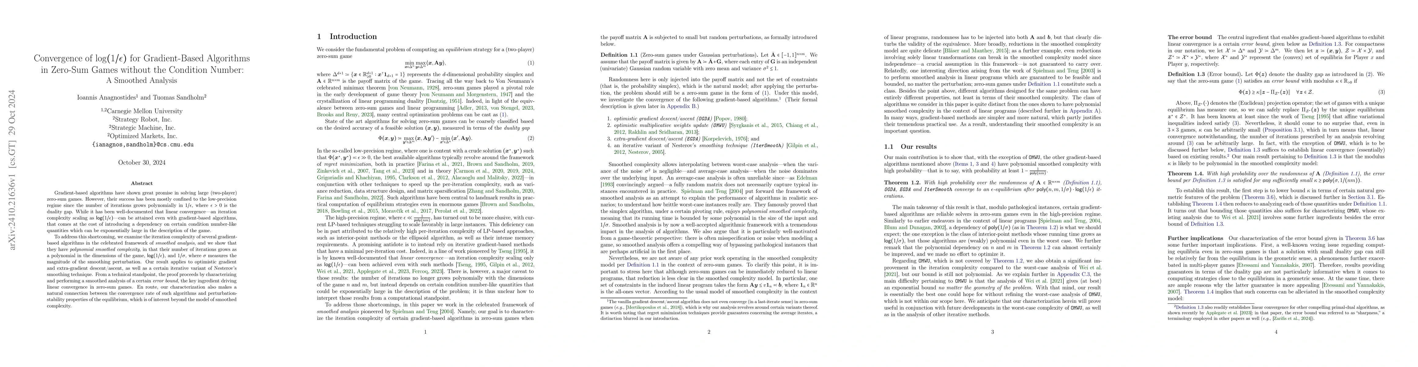 Thumbnail for Convergence of $\text{log}(1/ε)$ for Gradient-Based Algorithms in
  Zero-Sum Games without the Condition Number: A Smoothed Analysis