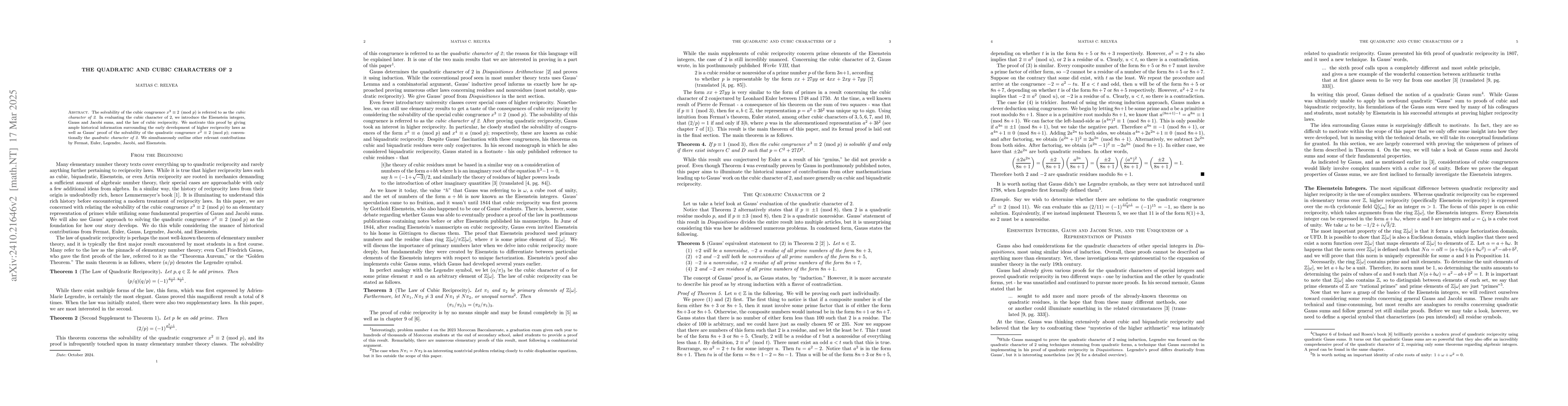Thumbnail for The Quadratic and Cubic Characters of 2