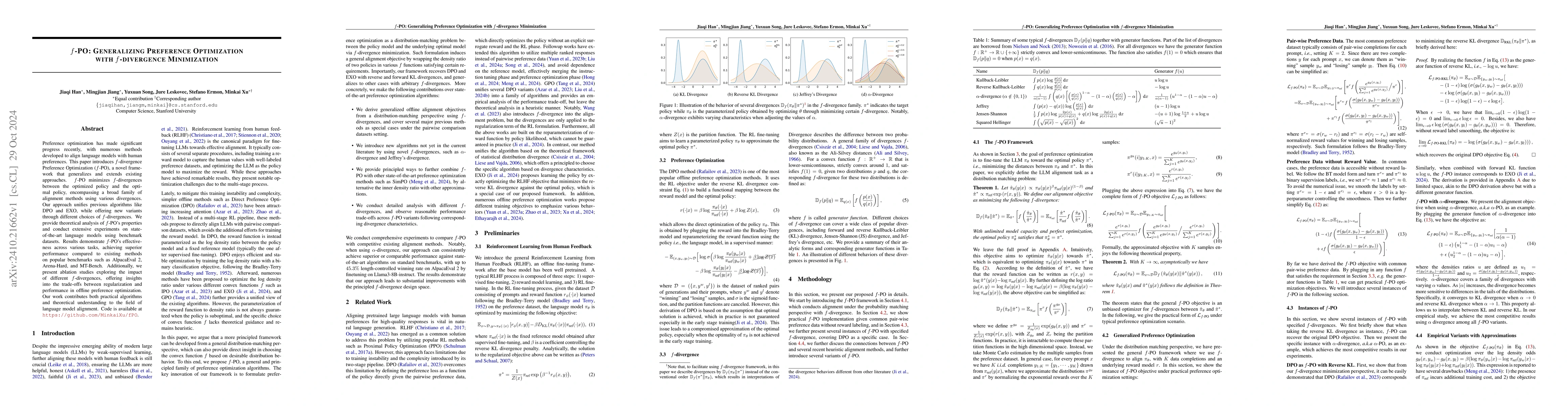 Thumbnail for $f$-PO: Generalizing Preference Optimization with $f$-divergence
  Minimization