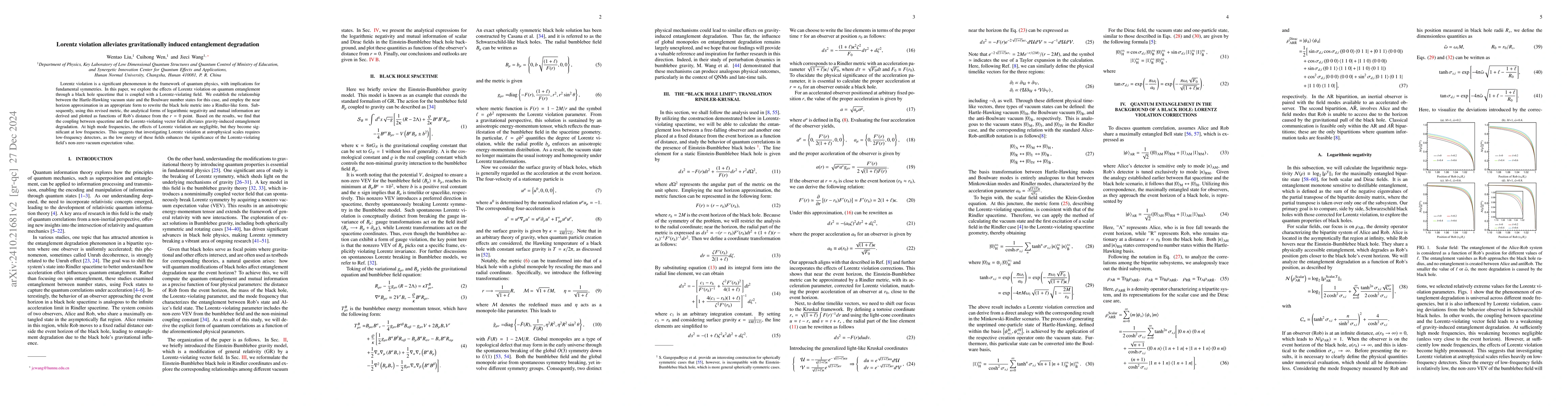 Thumbnail for Lorentz violation alleviates gravitationally induced entanglement
  degradation