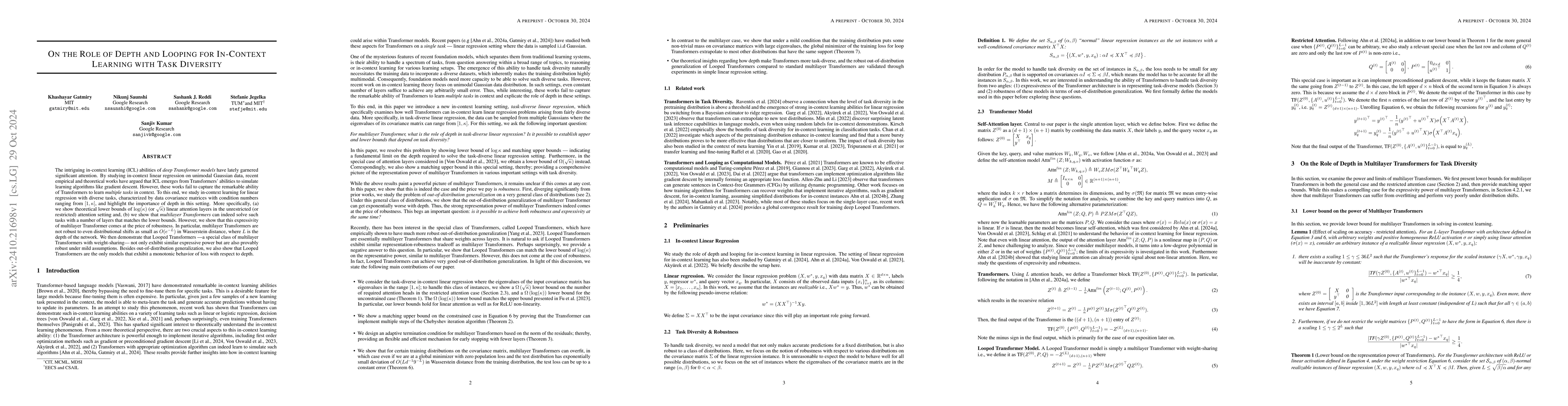 Thumbnail for On the Role of Depth and Looping for In-Context Learning with Task
  Diversity