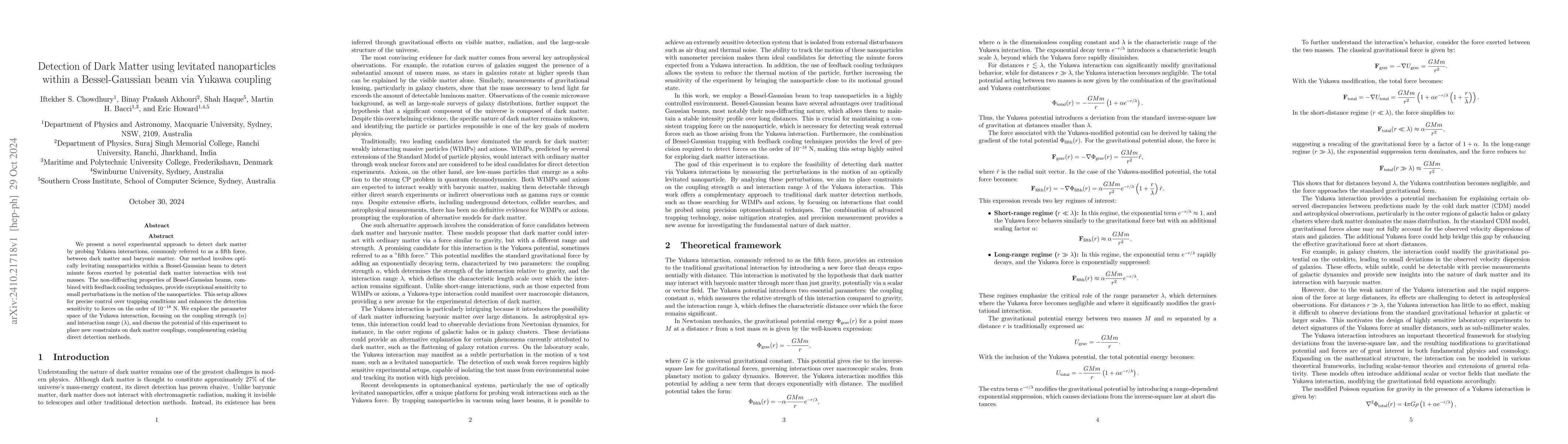 Thumbnail for Detection of Dark Matter using levitated nanoparticles within a
  Bessel-Gaussian beam via Yukawa coupling