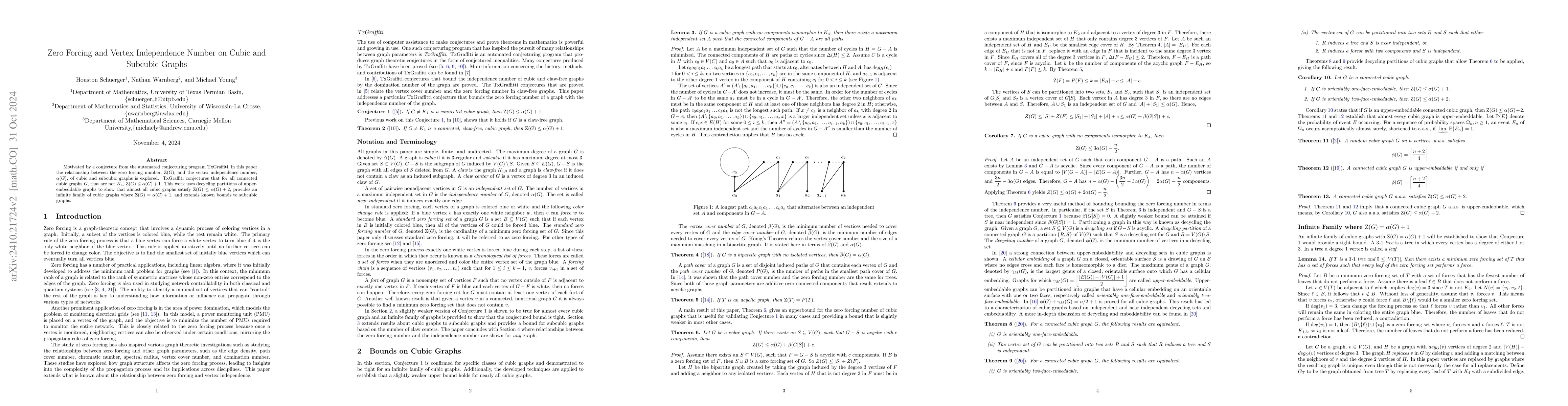 Thumbnail for Zero Forcing and Vertex Independence Number on Cubic and Subcubic Graphs