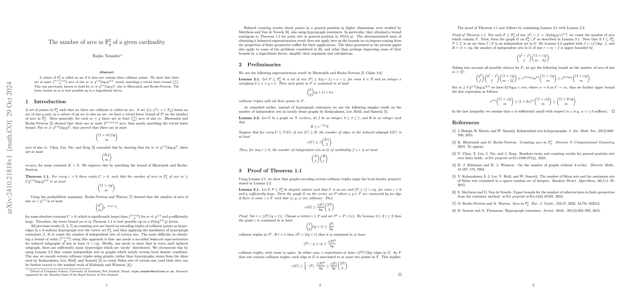 Thumbnail for The number of arcs in $\mathbb{F}_q^2$ of a given cardinality