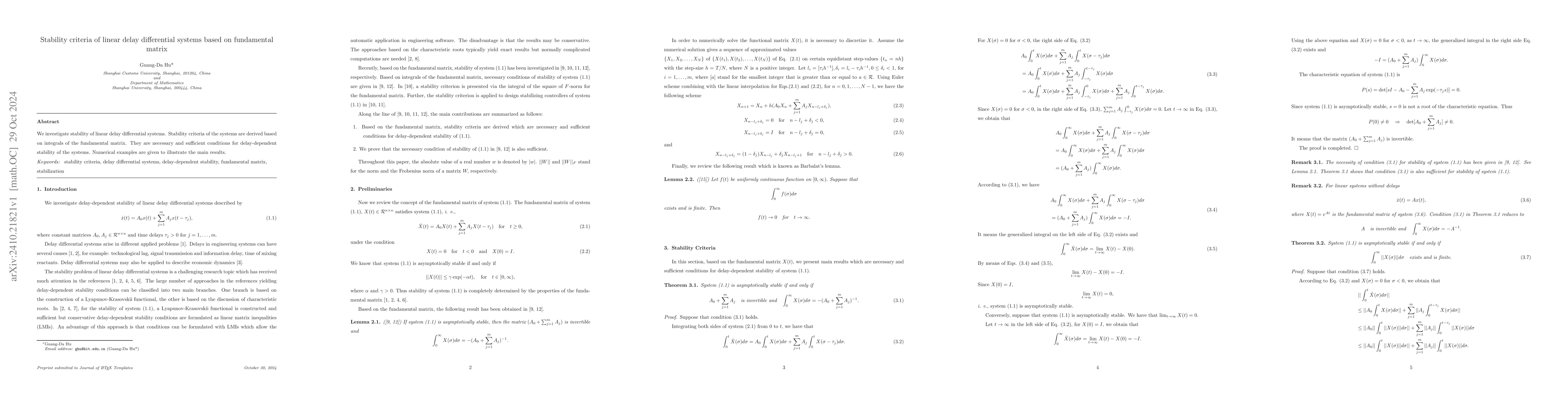 Thumbnail for Stability criteria of linear delay differential systems based on
  fundamental matrix