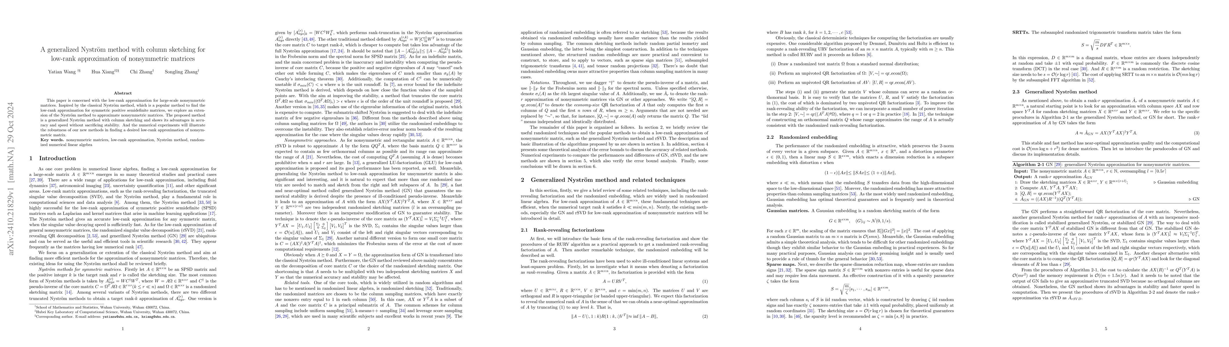 Thumbnail for A generalized Nystrom method with column sketching for low-rank
  approximation of nonsymmetric matrices