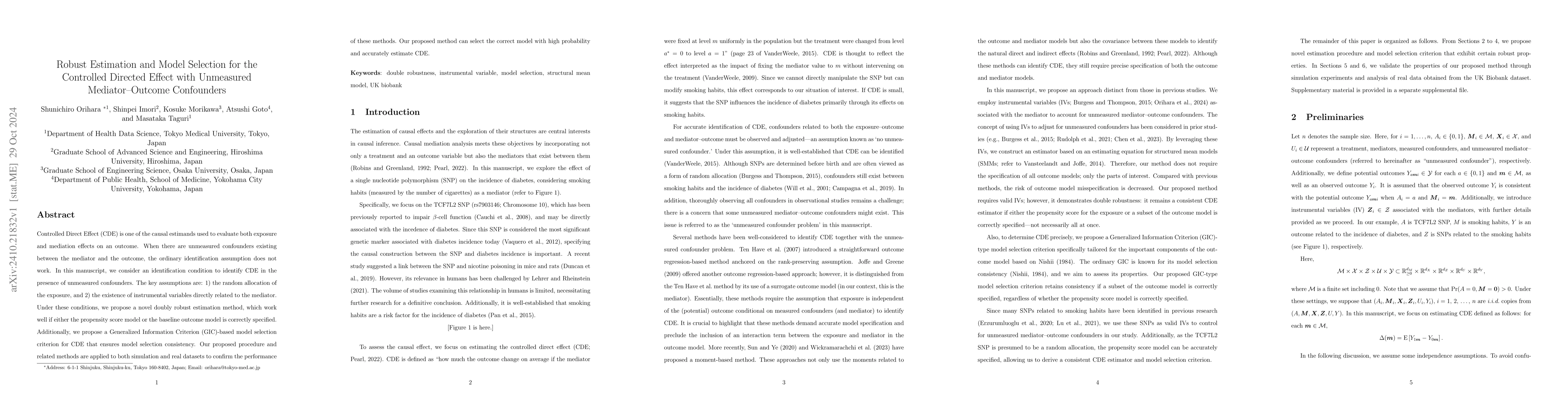 Thumbnail for Robust Estimation and Model Selection for the Controlled Directed Effect
  with Unmeasured Mediator-Outcome Confounders