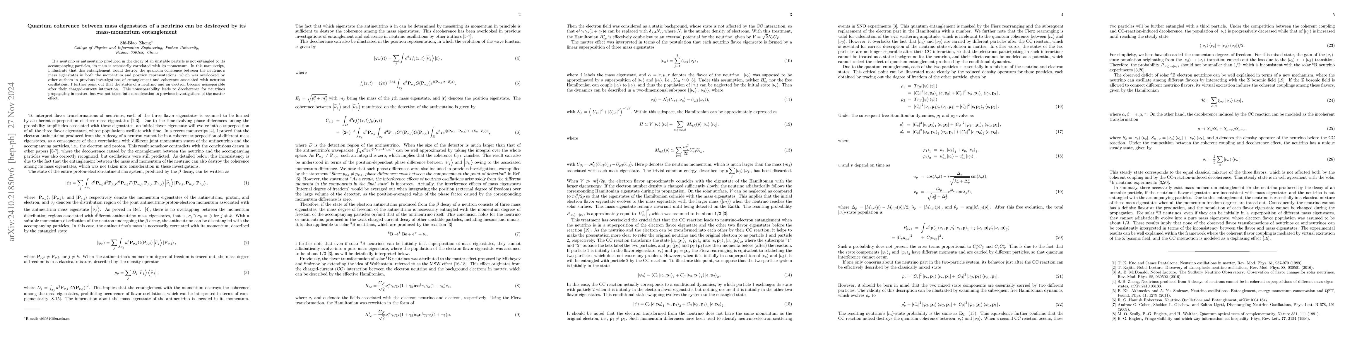 Thumbnail for Quantum coherence between mass eigenstates of a neutrino can be
  destroyed by its mass-momentum entanglement