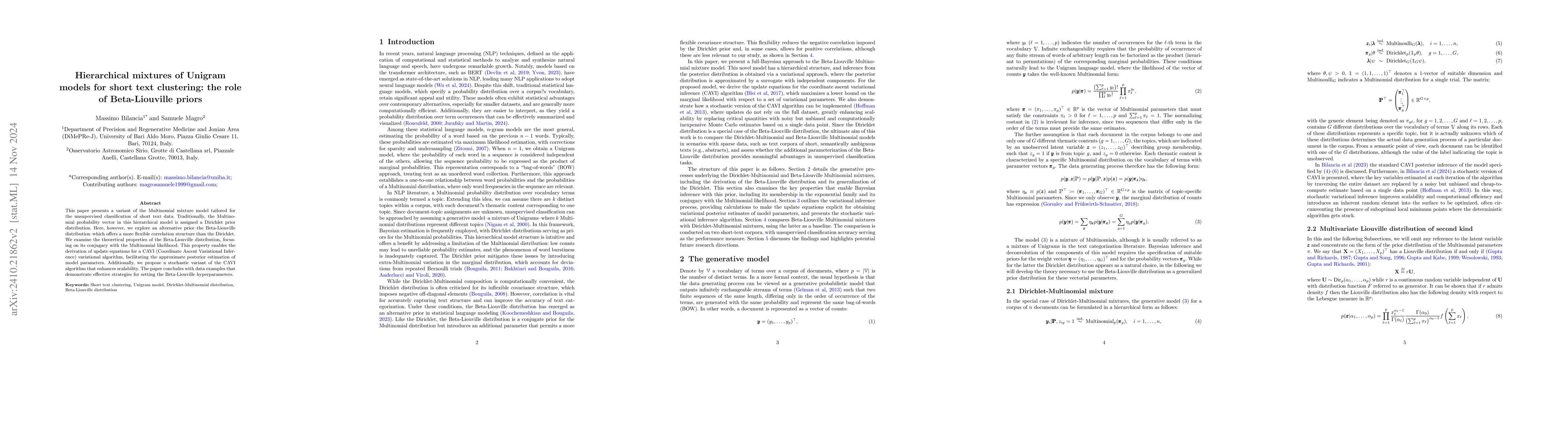 Thumbnail for Hierarchical mixtures of Unigram models for short text clustering: the
  role of Beta-Liouville priors