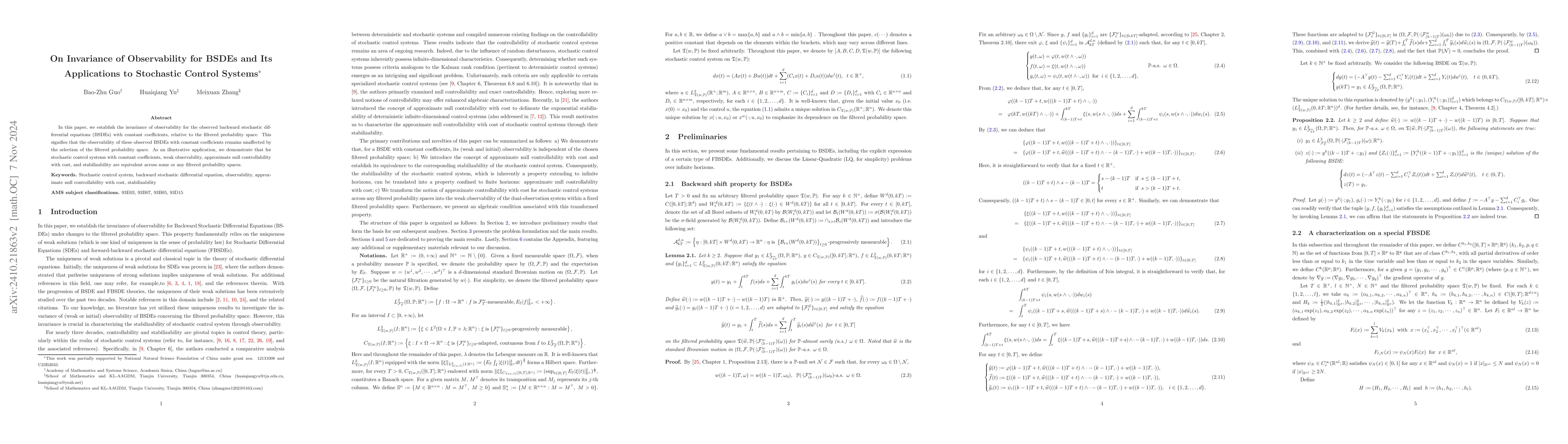 Thumbnail for On invariance of observability for BSDEs and its applications to
  stochastic control systems