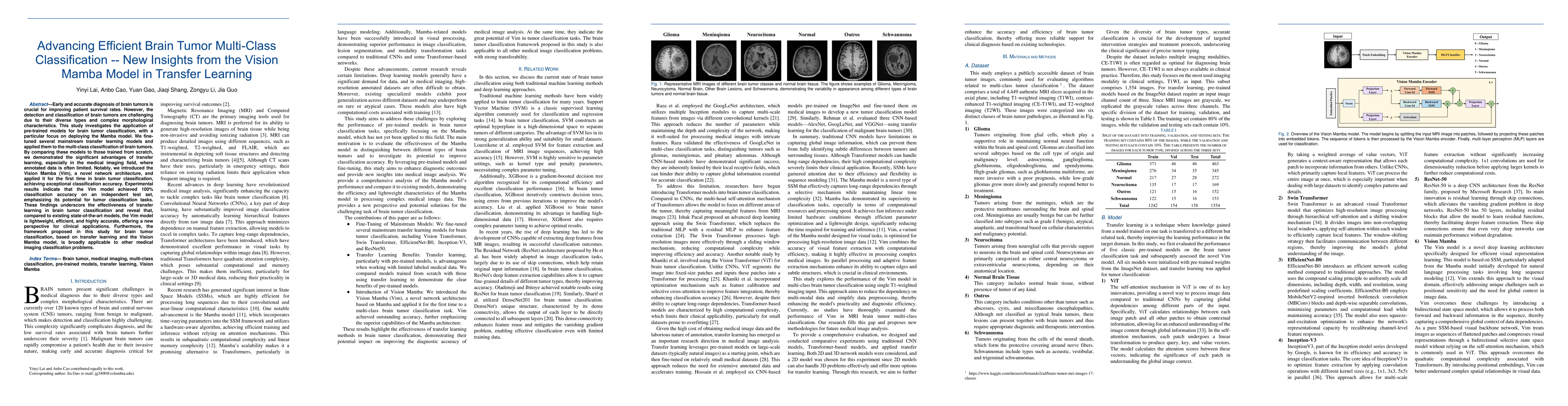 Thumbnail for Advancing Efficient Brain Tumor Multi-Class Classification -- New
  Insights from the Vision Mamba Model in Transfer Learning