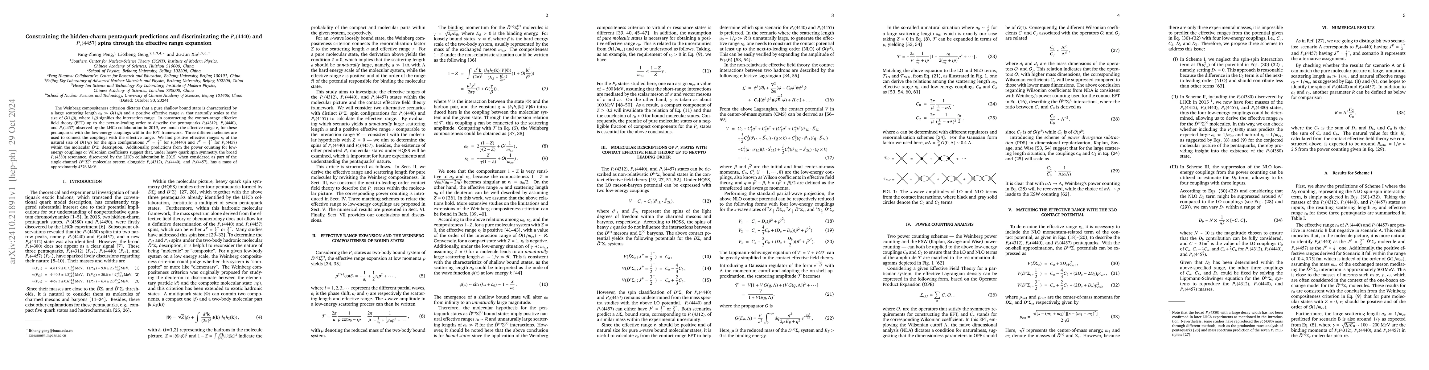 Thumbnail for Constraining the hidden-charm pentaquark predictions and discriminating
  the $P_c(4440)$ and $P_c(4457)$ spins through the effective range expansion