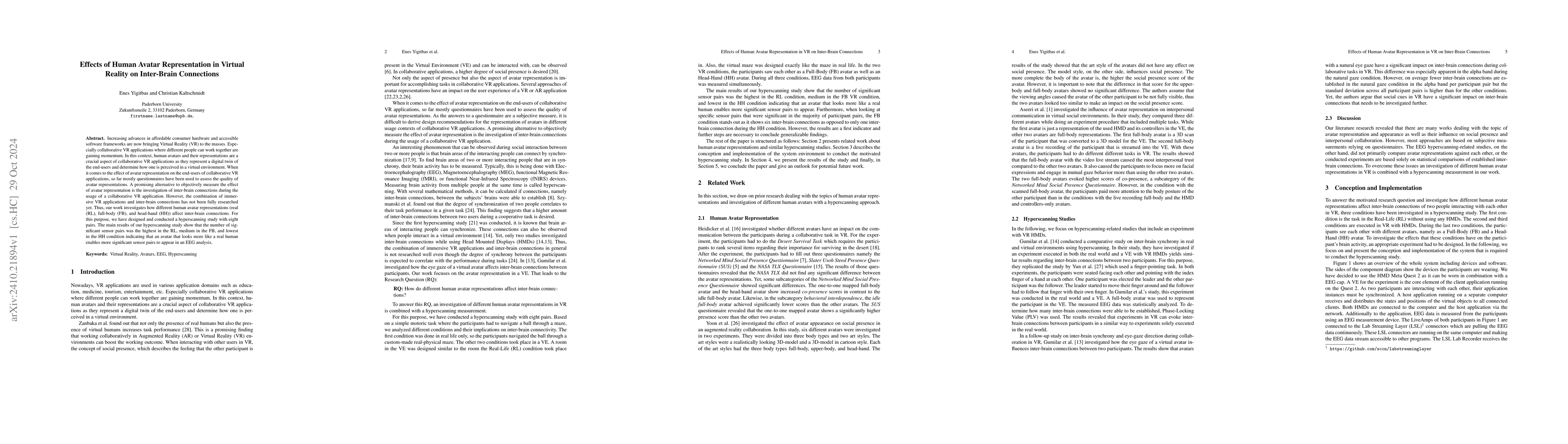 Thumbnail for Effects of Human Avatar Representation in Virtual Reality on Inter-Brain
  Connection