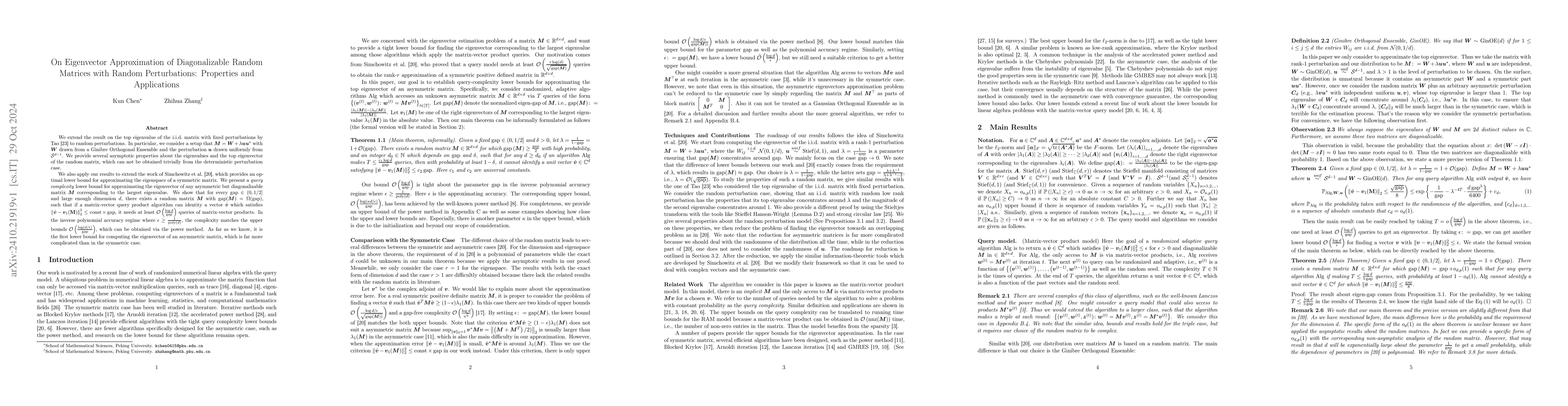 Thumbnail for On Eigenvector Approximation of Diagonalizable Random Matrices with
  Random Perturbations: Properties and Applications
