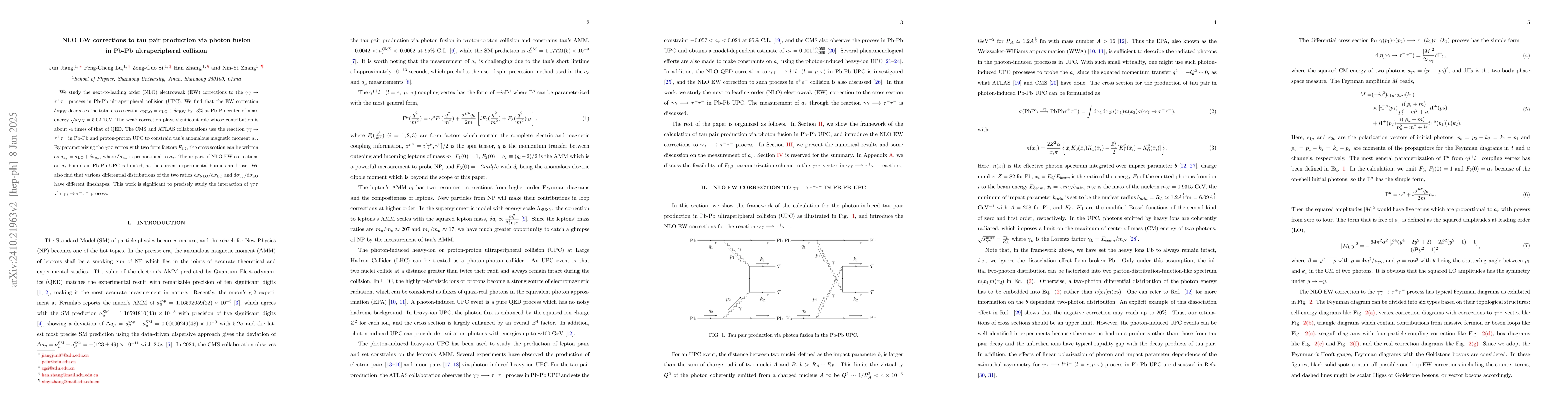 Thumbnail for NLO EW corrections to tau pair production via photon fusion in Pb-Pb
  ultraperipheral collision