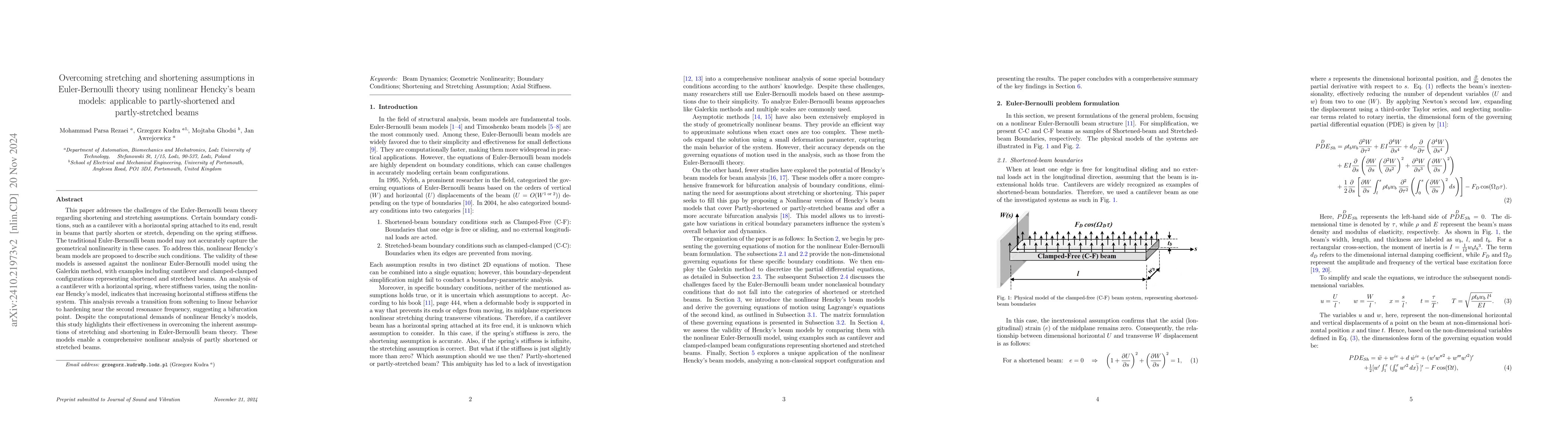 Thumbnail for Overcoming stretching and shortening assumptions in Euler-Bernoulli
  theory using nonlinear Hencky beam models: applicable to partly-shortened and
  partly-stretched beams