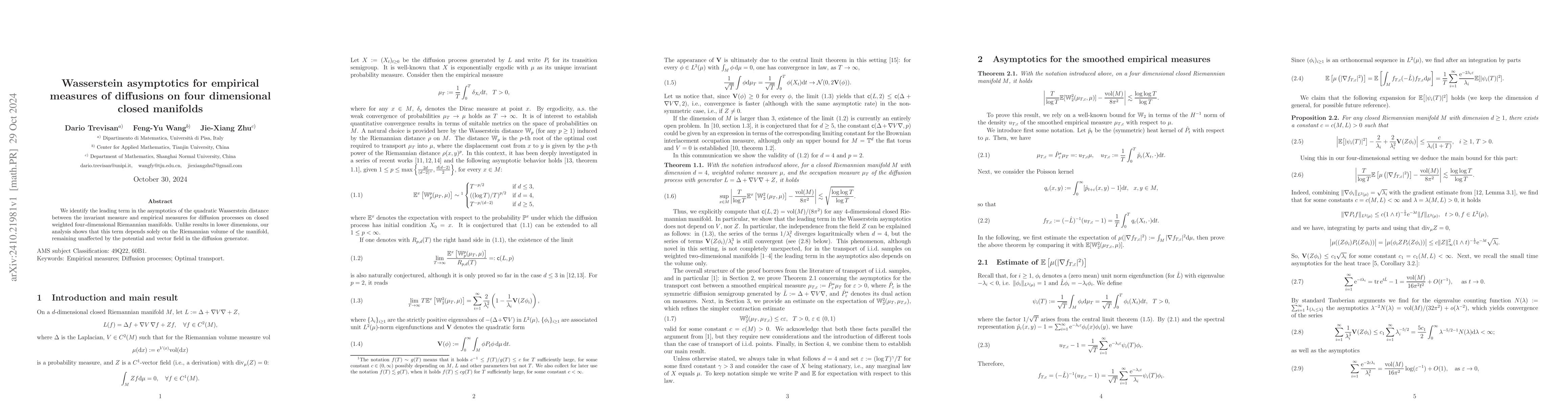 Thumbnail for Wasserstein asymptotics for empirical measures of diffusions on four
  dimensional closed manifolds