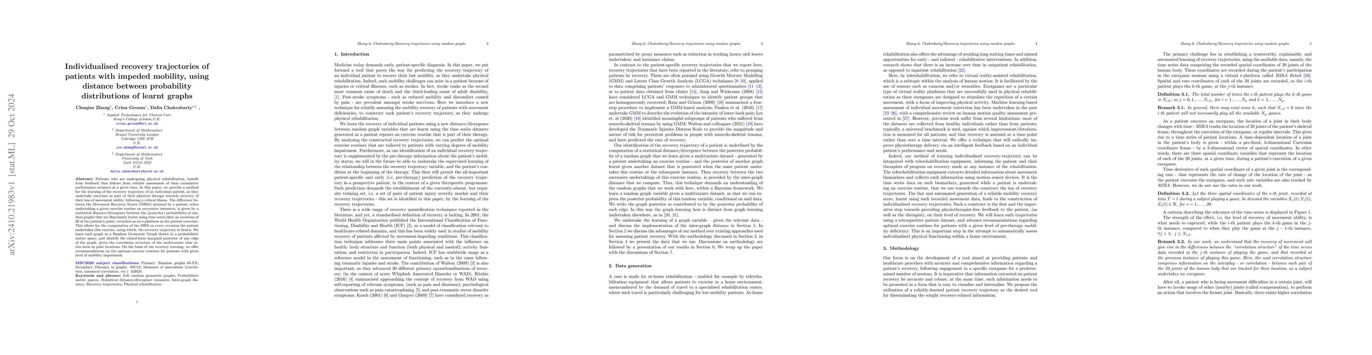 Thumbnail for Individualised recovery trajectories of patients with impeded mobility,
  using distance between probability distributions of learnt graphs