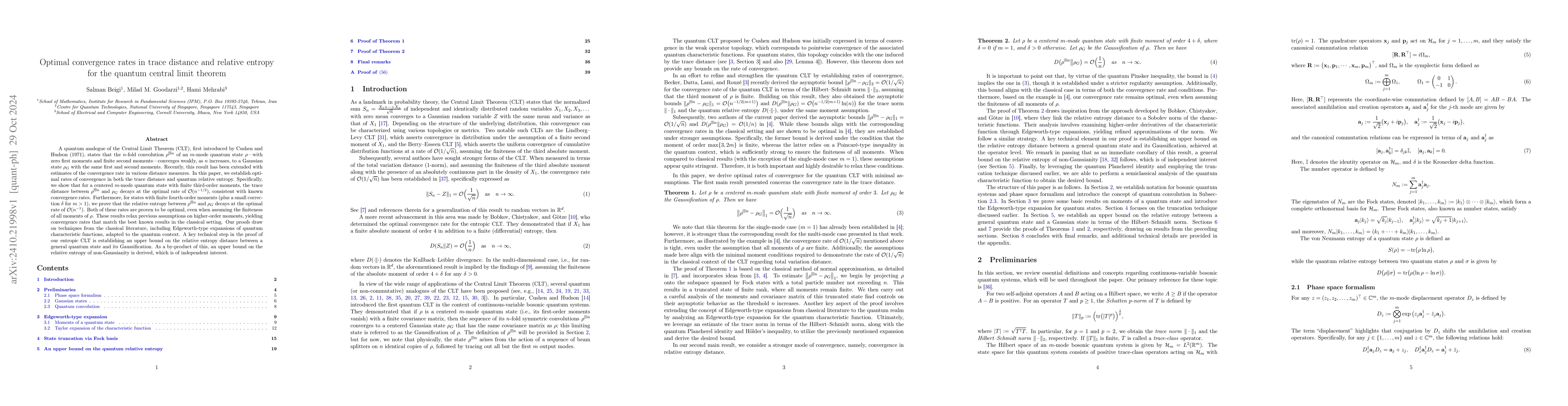 Thumbnail for Optimal convergence rates in trace distance and relative entropy for the
  quantum central limit theorem
