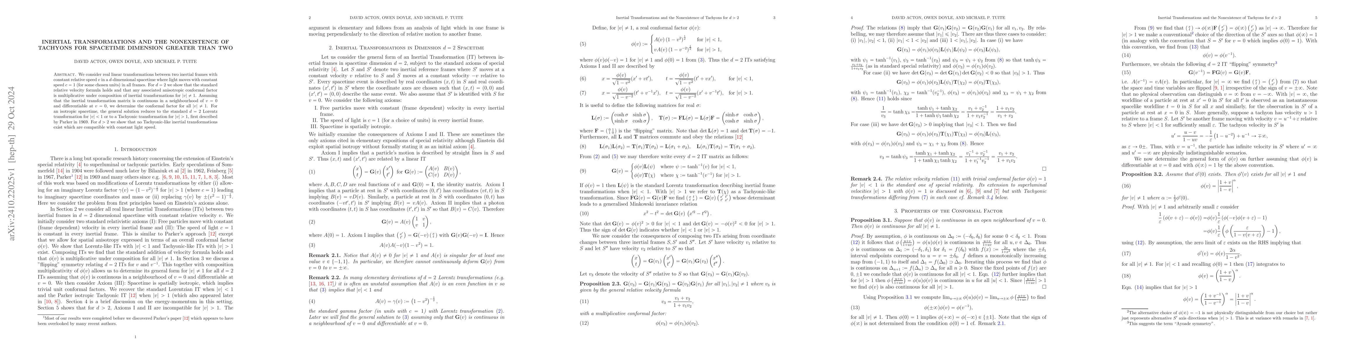 Thumbnail for Inertial Transformations and the Nonexistence of Tachyons for Spacetime
  Dimension Greater than Two