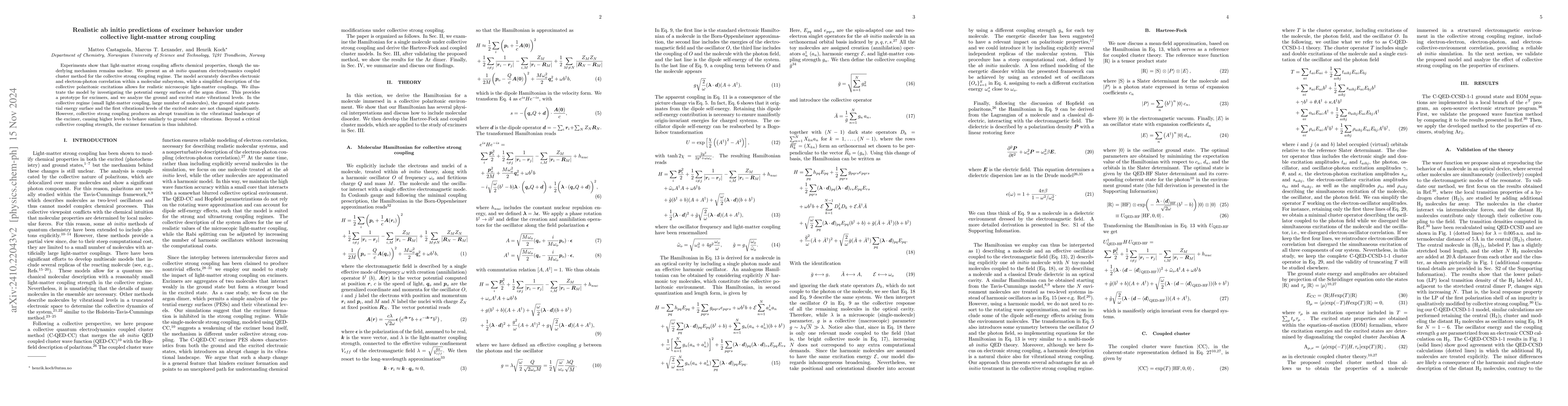 Thumbnail for Realistic ab initio predictions of excimer behavior under collective
  light-matter strong coupling