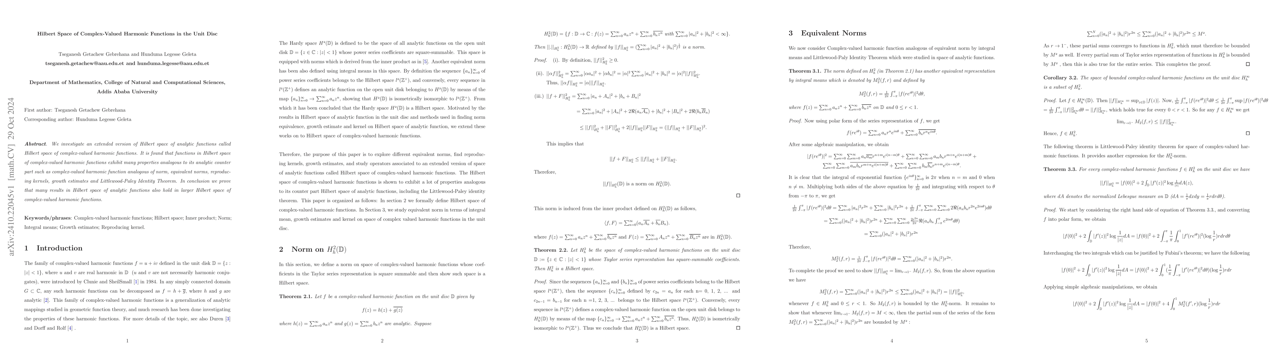 Thumbnail for Hilbert Space of Complex-Valued Harmonic Functions in the Unit Disc